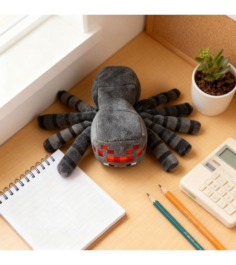 Gray Spider Plush With Pixelated Red Accents And Striped Legs Game Inspired Decor - Image 5
