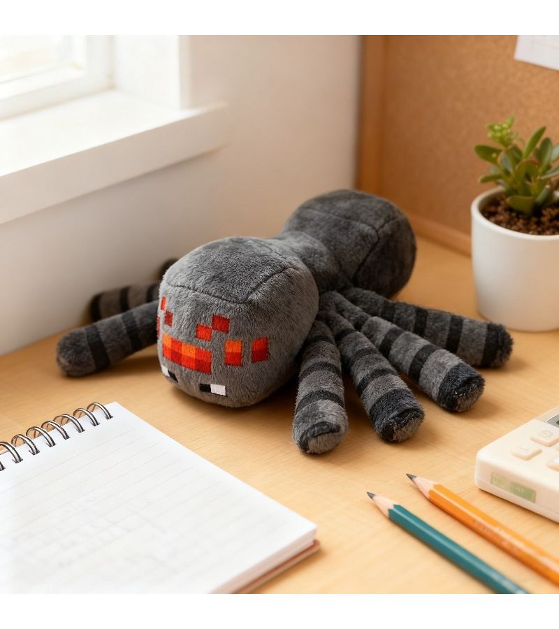 Gray Spider Plush With Pixelated Red Accents And Striped Legs Game Inspired Decor - Image 1