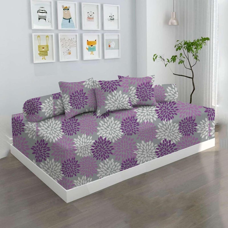 Bhoomi Impex Bhoomi Impex Pure Microfiber 6 Pieces Designer Printed Standard Diwan Set Single bedsheet 3 Cushions Covers and 2 Bolster Covers Single Purple Petal  - Image 1