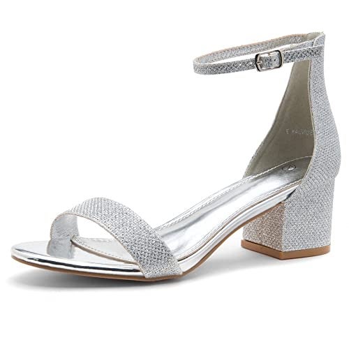Herstyle Women’s Low Heels – Open Toe Chunky Block Heeled Sandals with Ankle Strap | Comfortable Dressy Short Heels for Prom, Wedding, Party & Office, SilverShimmer, Size 10.0, Sunday - Image 1