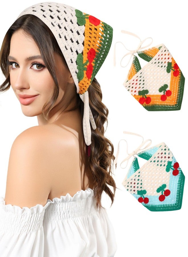 AWAYTR Crochet Head Scarf Hair Bandanas Women Knit Bandana Headband Scarf Tie-Back Head Coverings Floral Headscarf for Girls (Cherry - Orange + Blue) - Image 1
