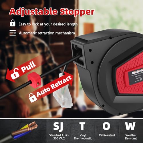Himimi Retractable Extension Cord Reel, 50FT 14AWG/3C Power Cord Reel for Garage Workshop, Wall/Ceiling Mounted Extension Cord Reel, 3-Lighted Triple Outlets, UL Listed, 13A Circuit Breaker - Image 3