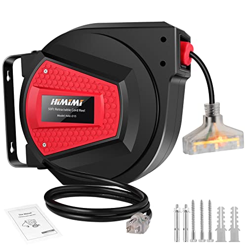 Himimi Retractable Extension Cord Reel, 50FT 14AWG/3C Power Cord Reel for Garage Workshop, Wall/Ceiling Mounted Extension Cord Reel, 3-Lighted Triple Outlets, UL Listed, 13A Circuit Breaker - Image 1
