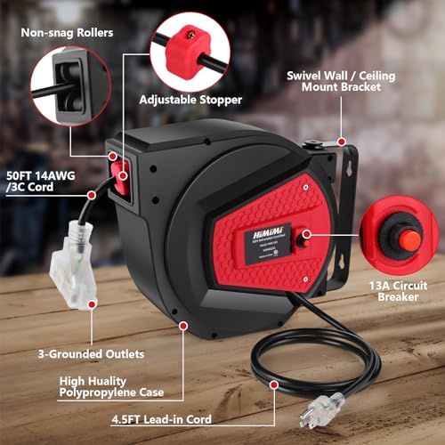 Himimi Retractable Extension Cord Reel, 50FT 14AWG/3C Power Cord Reel for Garage Workshop, Wall/Ceiling Mounted Extension Cord Reel, 3-Lighted Triple Outlets, UL Listed, 13A Circuit Breaker - Image 2