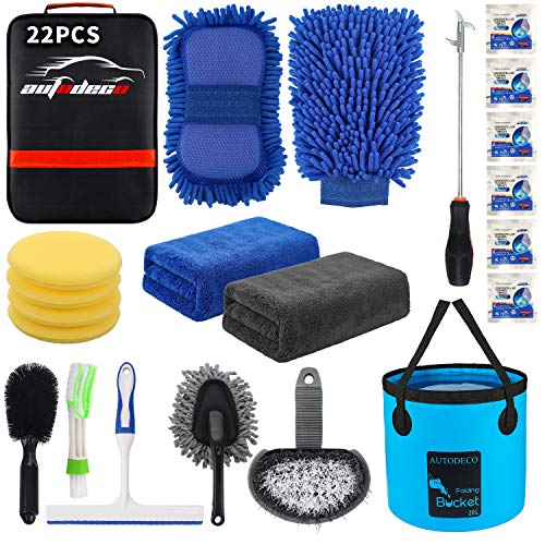 AUTODECO 22Pcs Car Wash Cleaning Tools Kit Car Detailing Set with Black Canvas Bag Collapsible Bucket Wash Mitt Sponge Towels Tire Brush Window Scraper Duster Complete Interior Car Care Kit - Image 1