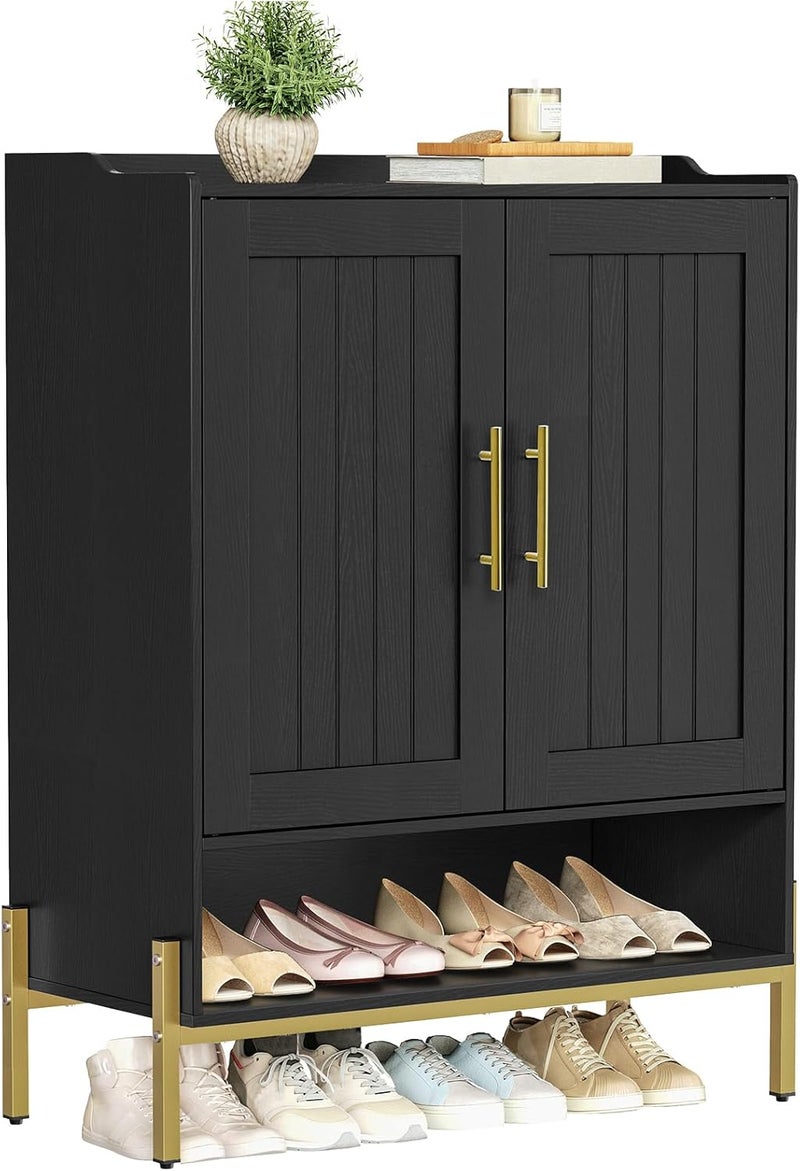 HOOBRO Shoe Cabinet, 5-Tier Shoe Storage Organizer with Doors, Wooden Shoe Cabinet Storage for Entryway, Freestanding Shoe Rack Cabinet with 3 Adjustable Shelves for Hallway, Gold and Black EDB41SC01 - Image 1