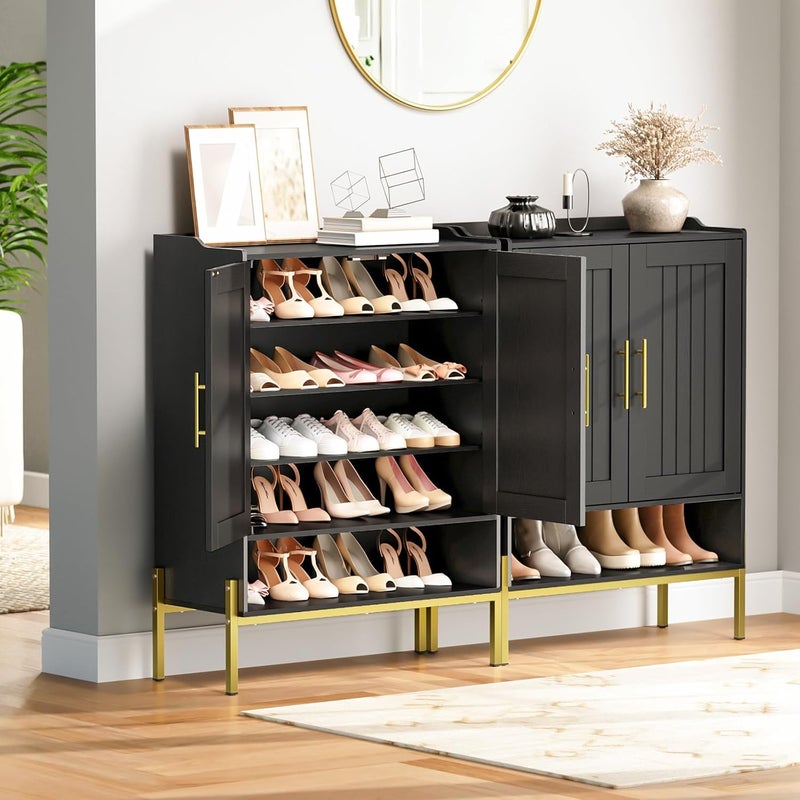 HOOBRO Shoe Cabinet, 5-Tier Shoe Storage Organizer with Doors, Wooden Shoe Cabinet Storage for Entryway, Freestanding Shoe Rack Cabinet with 3 Adjustable Shelves for Hallway, Gold and Black EDB41SC01 - Image 4