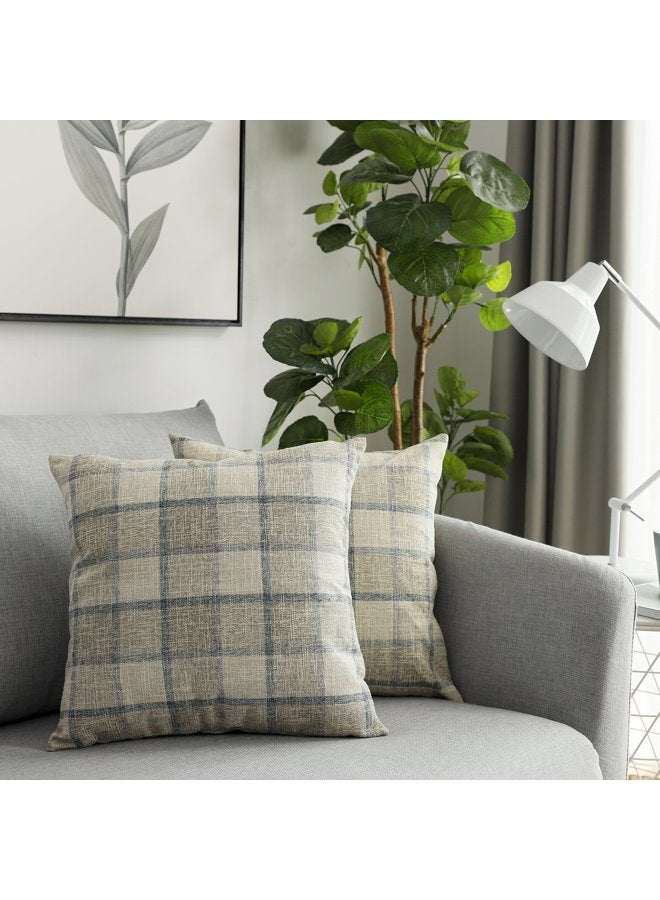 UGS UGASA Square Checkers Decorative Throw Pillow Case Cotton Linen Cushion Covers Shell with Hidden Zipper, 18 x 18 Inches, 2 Pc, Natural + Little Boy Blue - Image 1