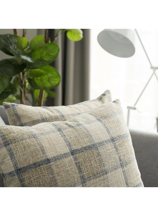 UGS UGASA Square Checkers Decorative Throw Pillow Case Cotton Linen Cushion Covers Shell with Hidden Zipper, 18 x 18 Inches, 2 Pc, Natural + Little Boy Blue - Image 4
