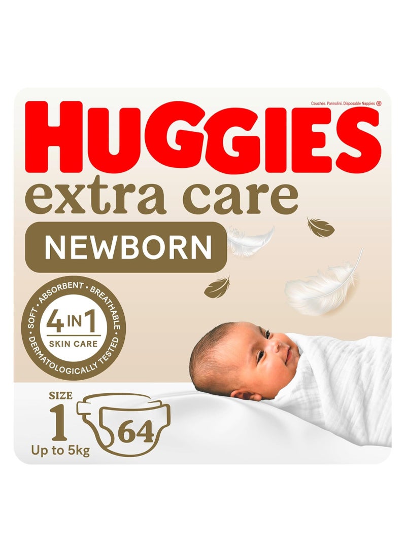 HUGGIES حفاضات هجيز إكسترا كير حديثي الولادة، الحجم 1، حتى 5 كجم، عبوة كبيرة، 64 حفاضة