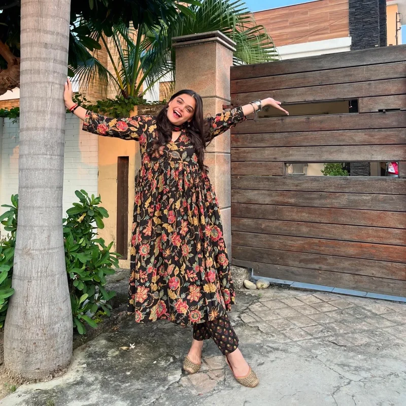 GoSriKi Women's Rayon Blend Anarkali Printed Kurta with Palazzo & Dupatta Black