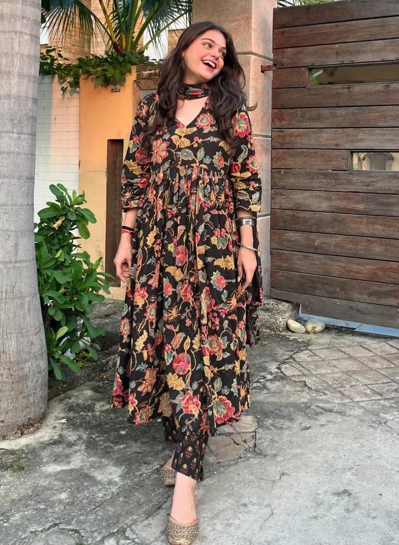 GoSriKi Black GoSriKi Women's Rayon Blend Anarkali Printed Kurta with Palazzo & Dupatta (CIA BLACK-GS_L_Black_Large) for Women | Best Price UAE