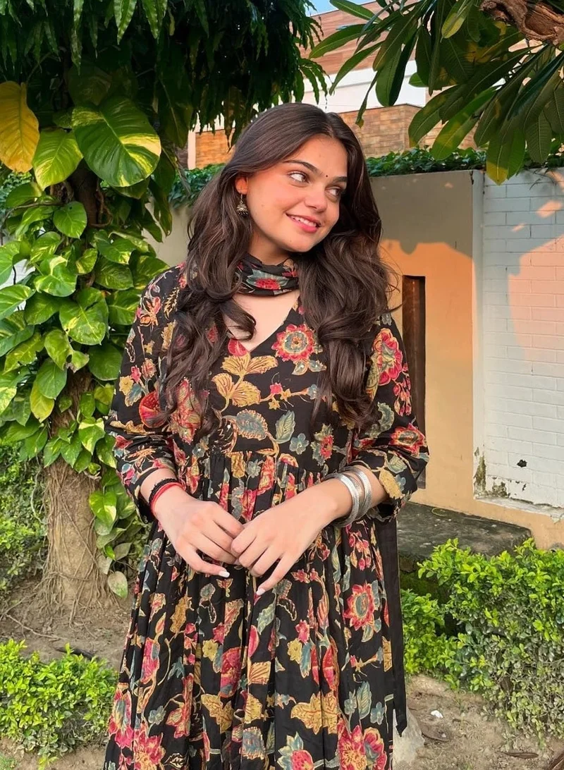 GoSriKi Black GoSriKi Women's Rayon Blend Anarkali Printed Kurta with Palazzo & Dupatta (CIA BLACK-GS_L_Black_Large) for Women | Best Price UAE