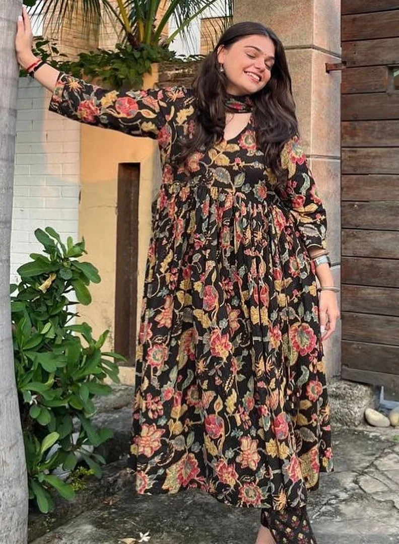 GoSriKi Black GoSriKi Women's Rayon Blend Anarkali Printed Kurta with Palazzo & Dupatta (CIA BLACK-GS_L_Black_Large) for Women | Best Price UAE