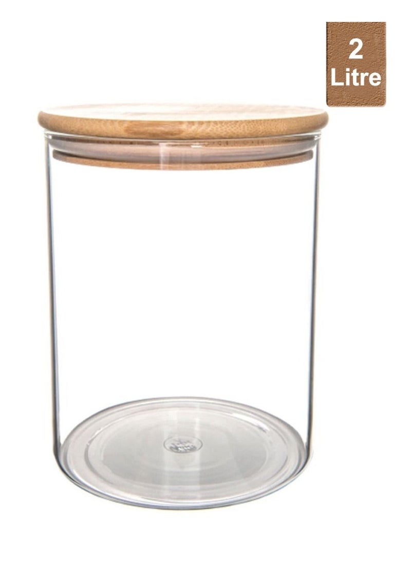 Homesmiths Honey Bee 2 Liter Multipurpose Airtight Round Glass with Bamboo Lid For Kitchen & Pantry  - Image 1