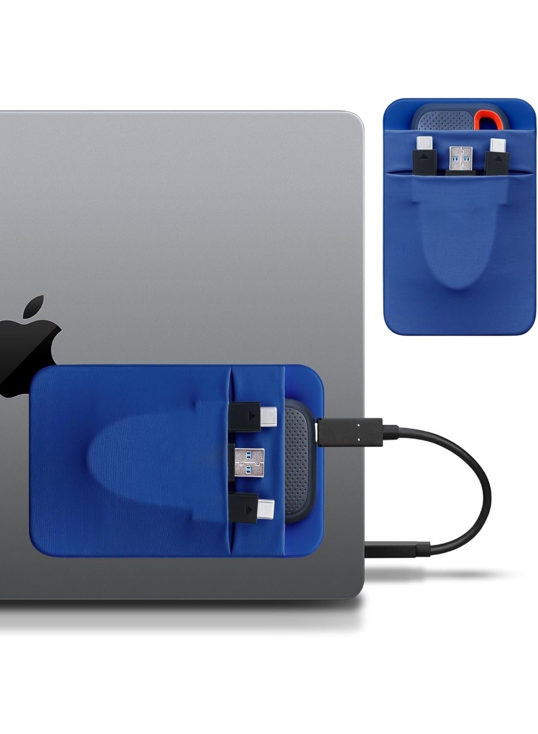 Lacdo Portable Hard Drive Sleeve for Laptop, 2-Pocket Stick on Pouch with Reusable Adhesive, for SanDisk, Samsung, Crucial, Portable External Solid State Drive SSD Hard Drive Carrying Case, Blue