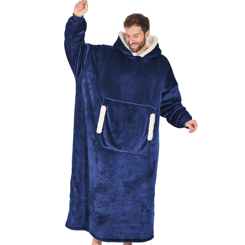 yescool Wearable Blanket Hoodie Flannel Sherpa Fleece Blanket Sweatshirt for Adults Women Men Big Plush Cozy Hooded Blanket with Hood Pocket Sleeves Oversized One Size Fits All Navy Blue