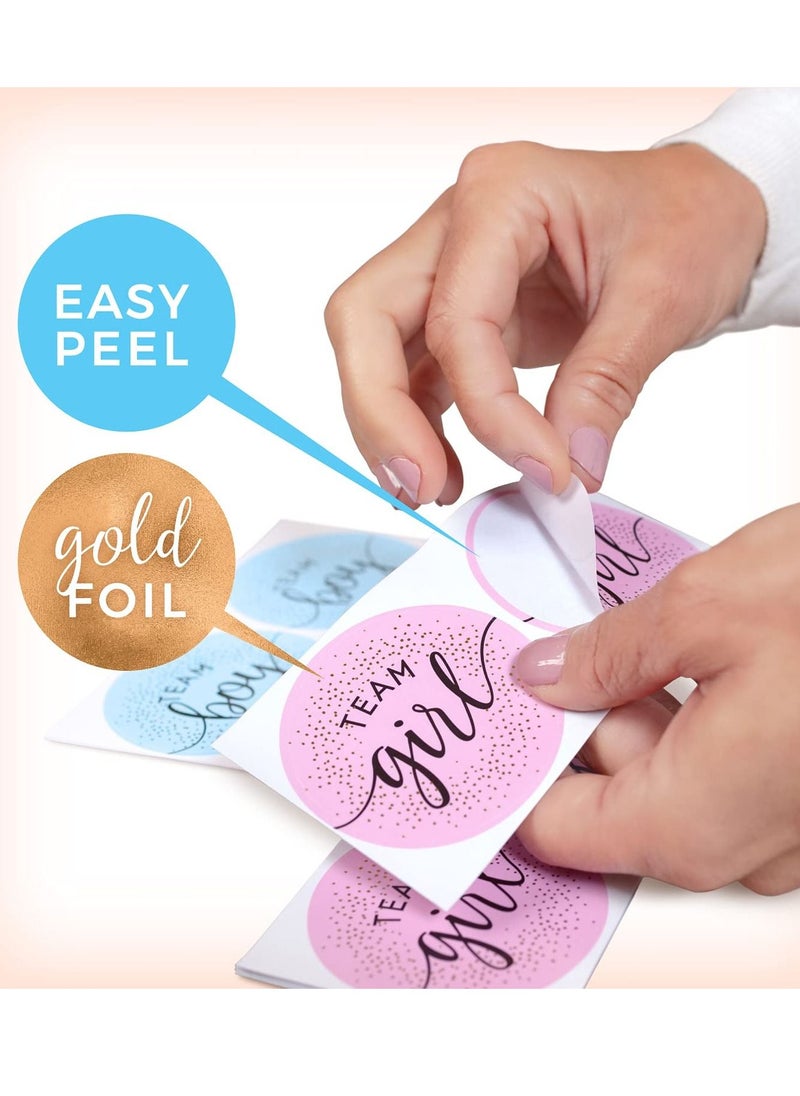 SYOSI - 80 Sheets Gender Display Stickers with Gold Foil for Team Boy and Team Girl Labels Pink and Blue Gender Labels for Party Invitations and Voting Games, Baby Shower Labels (Circle) - Image 1