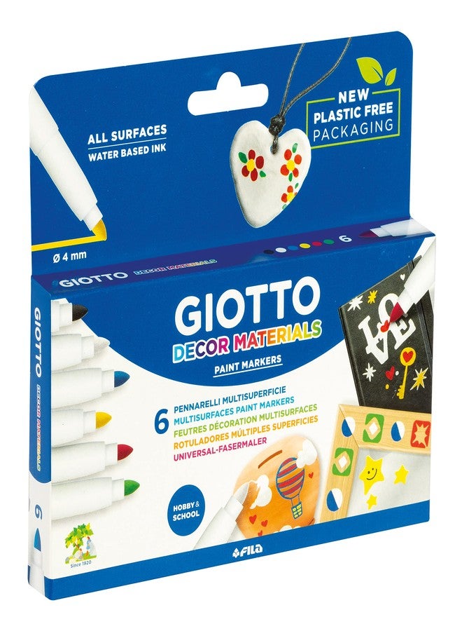 GIOTTO Decor Materials Multi-surfaces Paint Markers, Medium Tip - 4mm Nib, 6 x Assorted Colours, Ideal for Children, Parties and Schools - Image 1