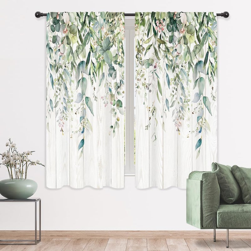 Riyidecor Green Eucalyptus Leaves Curtains 42 x 63 Inch Flower Watercolor Floral Spring Botanical Rod Pocket Wood Plant Farm Pattern Cafe Curtains Herb Living Room Window Drapes Treatment Fabric