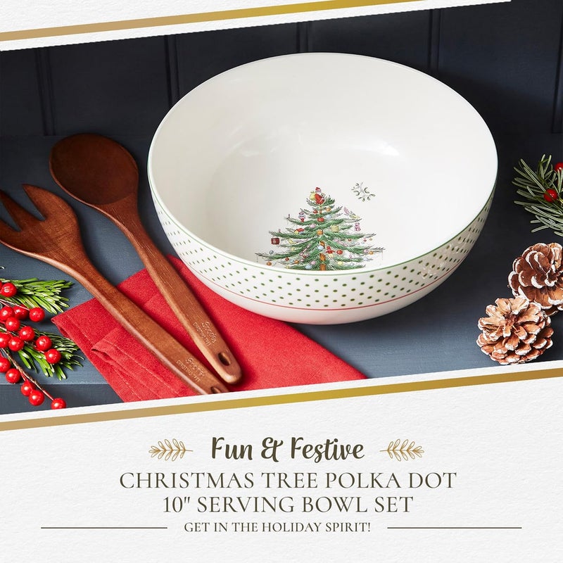Spode Spode Christmas Tree 10 Serving Bowl  Wooden Servers Polka Dot  Ceramic Serving Bowls  Party Bowls for Holiday Celebrations  Salad Bowls and Soup Bowls for Dining  Christmas Table Setting  - Image 2