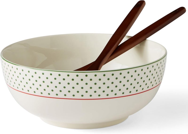 Spode Spode Christmas Tree 10 Serving Bowl  Wooden Servers Polka Dot  Ceramic Serving Bowls  Party Bowls for Holiday Celebrations  Salad Bowls and Soup Bowls for Dining  Christmas Table Setting  - Image 1