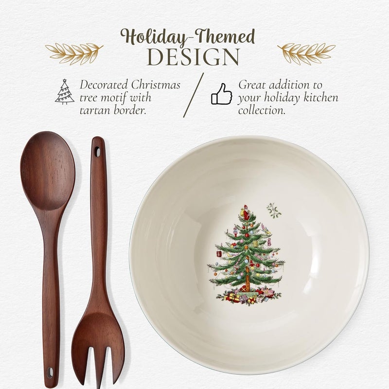 Spode Spode Christmas Tree 10 Serving Bowl  Wooden Servers Polka Dot  Ceramic Serving Bowls  Party Bowls for Holiday Celebrations  Salad Bowls and Soup Bowls for Dining  Christmas Table Setting  - Image 3