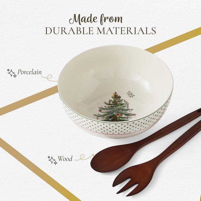 Spode Spode Christmas Tree 10 Serving Bowl  Wooden Servers Polka Dot  Ceramic Serving Bowls  Party Bowls for Holiday Celebrations  Salad Bowls and Soup Bowls for Dining  Christmas Table Setting  - Image 4