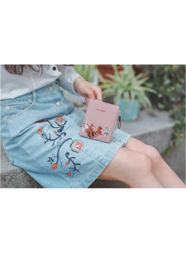 Generic - Cute Animal Embroidery Bi-Fold Wallet,Cute Embroidery Wallets for Women, Leather RFID Blocking Small Bifold Wallet with Zipper Coin Purse, Portable and Small Wallets with Embroidered Animal Pattern - Image 1