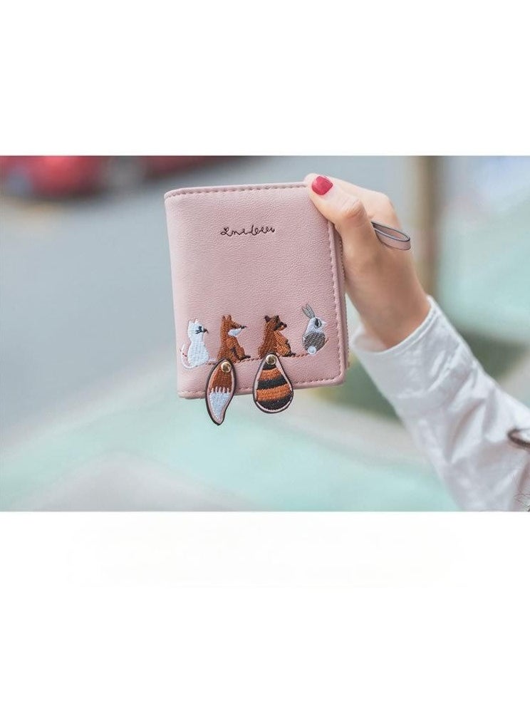 Generic - Cute Animal Embroidery Bi-Fold Wallet,Cute Embroidery Wallets for Women, Leather RFID Blocking Small Bifold Wallet with Zipper Coin Purse, Portable and Small Wallets with Embroidered Animal Pattern - Image 1