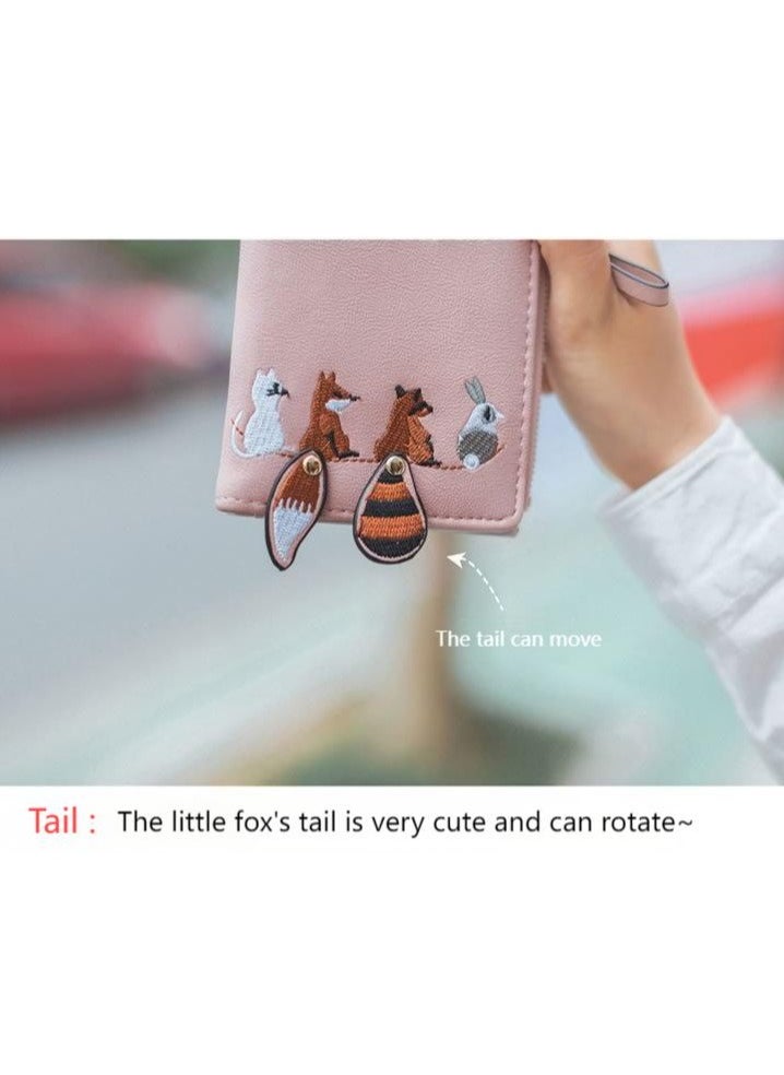 Generic - Cute Animal Embroidery Bi-Fold Wallet,Cute Embroidery Wallets for Women, Leather RFID Blocking Small Bifold Wallet with Zipper Coin Purse, Portable and Small Wallets with Embroidered Animal Pattern - Image 1