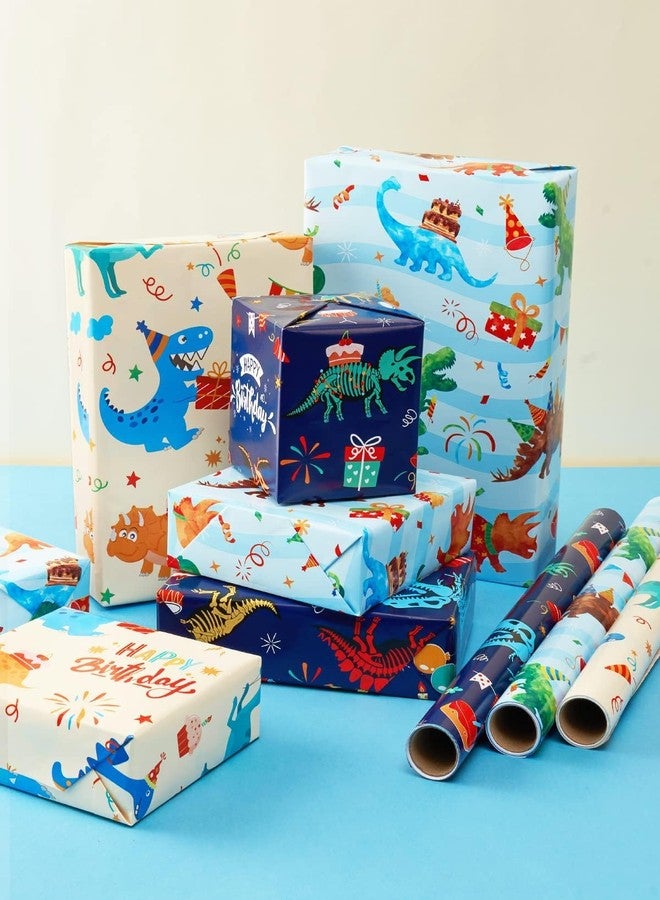 WERNNSAI Dinosaur Wrapping Paper Rolls - 3 Rolls 17” x 120” Happy Birthday Wrapping Paper Kids Wrapping Paper Rolls Boy Dinosaur Gift Wrap Paper Dinosaur Party Favor Happy Bday Wrap with Cutting Line on Back - Image 3