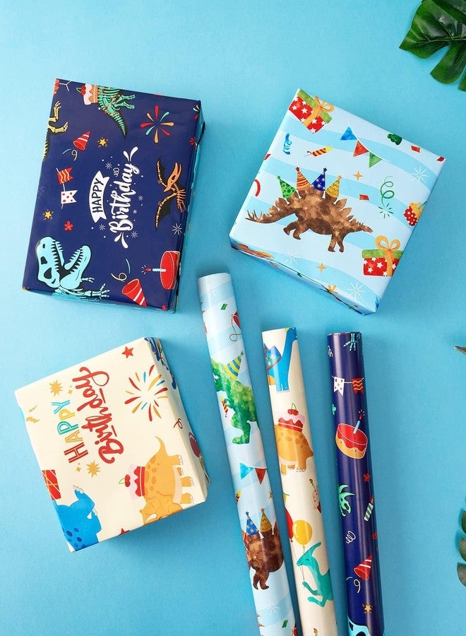 WERNNSAI Dinosaur Wrapping Paper Rolls - 3 Rolls 17” x 120” Happy Birthday Wrapping Paper Kids Wrapping Paper Rolls Boy Dinosaur Gift Wrap Paper Dinosaur Party Favor Happy Bday Wrap with Cutting Line on Back - Image 2