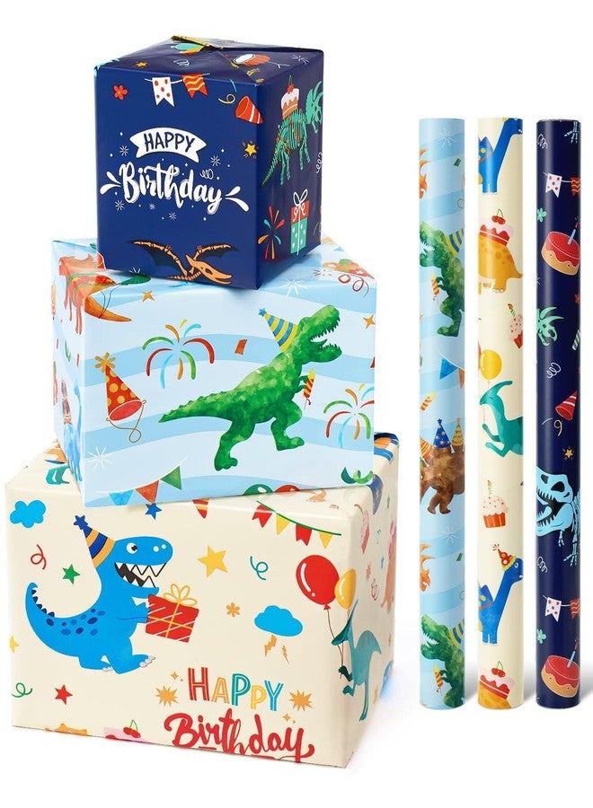 WERNNSAI Dinosaur Wrapping Paper Rolls - 3 Rolls 17” x 120” Happy Birthday Wrapping Paper Kids Wrapping Paper Rolls Boy Dinosaur Gift Wrap Paper Dinosaur Party Favor Happy Bday Wrap with Cutting Line on Back - Image 1