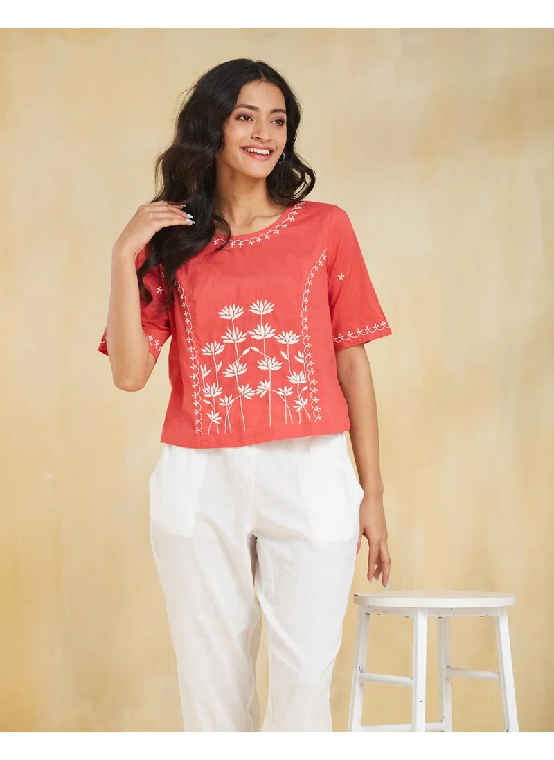 Fabindia Red Cotton Chikankari Short Top