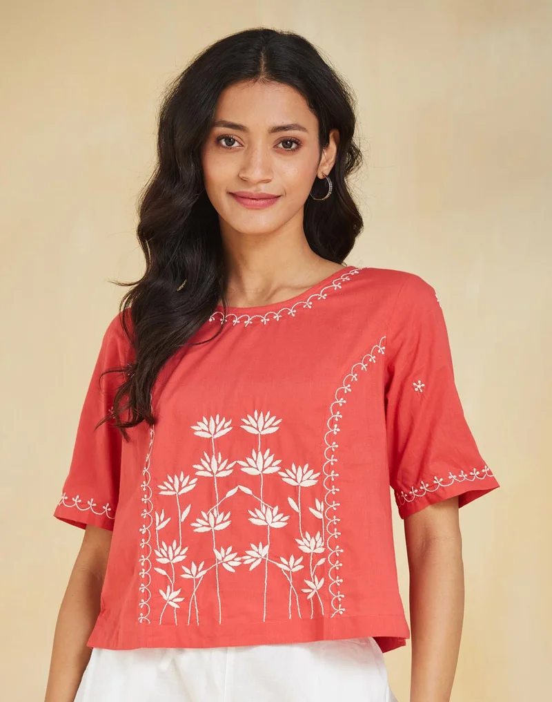Fabindia Red Cotton Chikankari Short Top