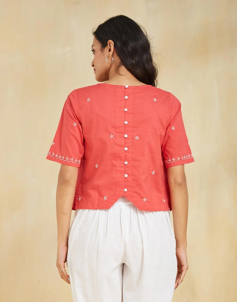 Fabindia Red Cotton Chikankari Short Top