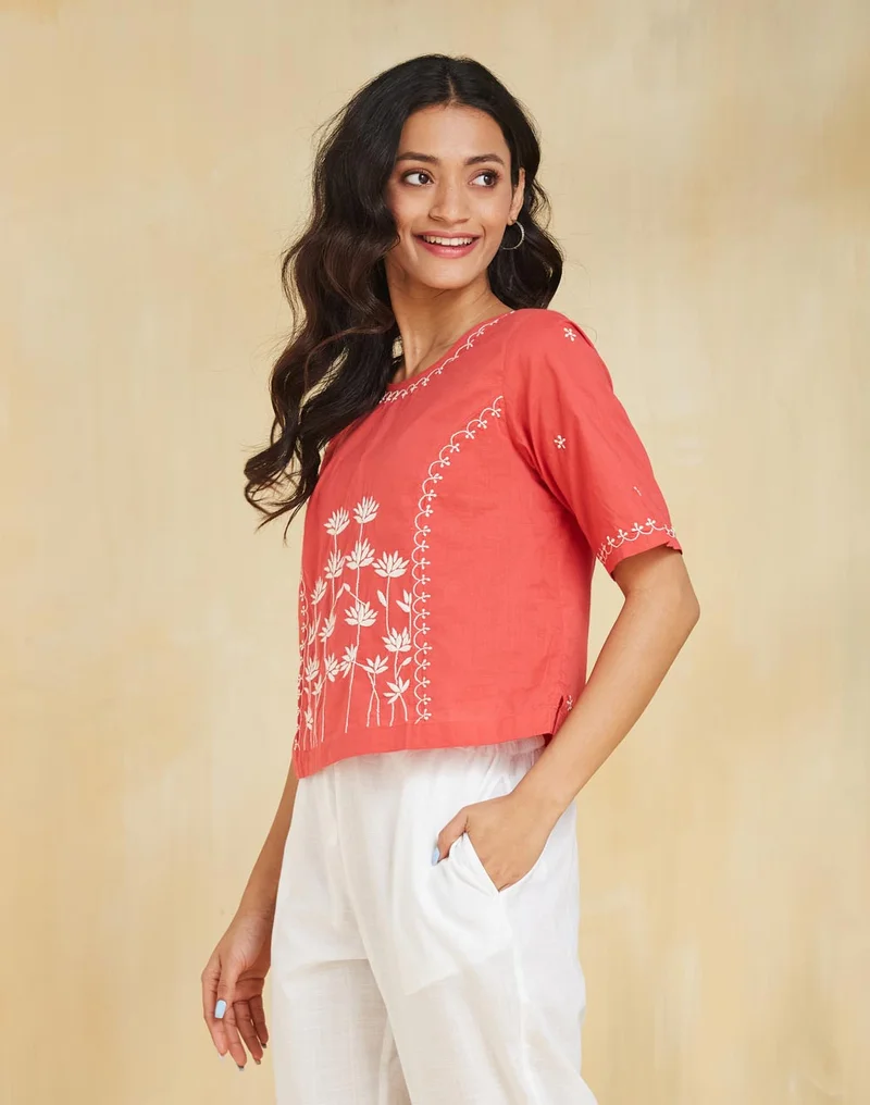 Fabindia Red Cotton Chikankari Short Top