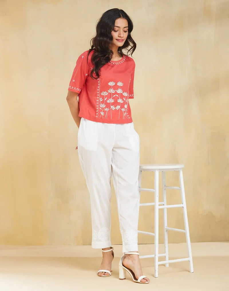 Fabindia Red Cotton Chikankari Short Top