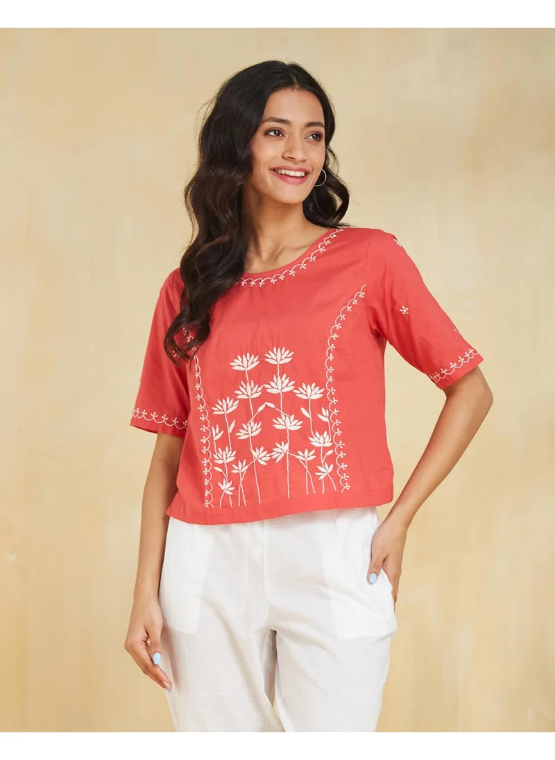 فاب انديا Red Cotton Chikankari Short Top