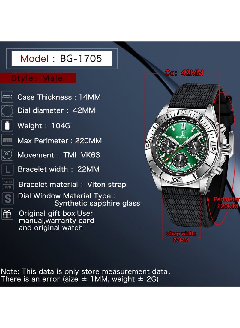 BERSIGAR - Bersigar BG-1705 Bellatrix Stainless Steel Rubber Strap Chronograph Watch - Image 1