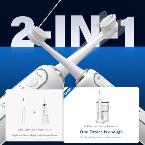 ZoCCee Electric Toothbrush with Water Flosser - Wireless Charging 3 in 1 Flossing Toothbrush - 500ML Professional Cordless Brush and Flosser in One - 5 Brush Modes & 3 Floss Speed (White) - Image 2