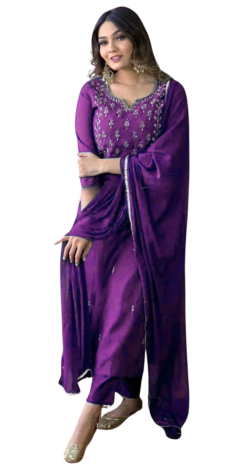 Florely Women's and Girl's Slub Rayon Cotton Regular Sequence Embroidered Work Latest Kurti with Trousers and Duppta (in, Alpha, S, Regular, Purple) - Image 1