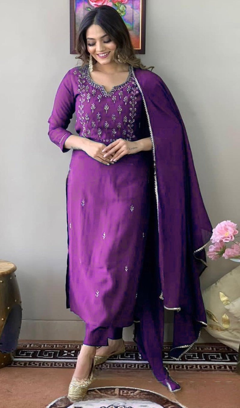 Florely Women's and Girl's Slub Rayon Cotton Regular Sequence Embroidered Work Latest Kurti with Trousers and Duppta (in, Alpha, S, Regular, Purple) - Image 4