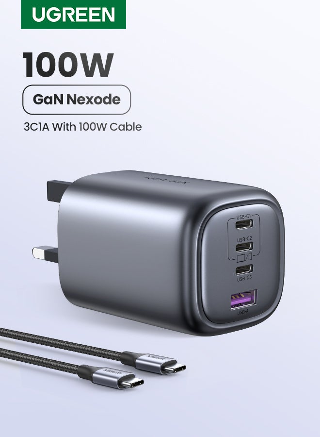 يو جرين شاحن Nexode GaN 100 واط للابتوب USB C ب 4 منافذ مع كابل USB C شاحن حائط  محول طاقة تايب سي قابس المملكة المتحدة محطة شحن USB لسطح المكتب لأجهزة ماك بوك برو اير لينوفو ديل آيفون 17 16 برو ماكس جالاكسي - Image 1