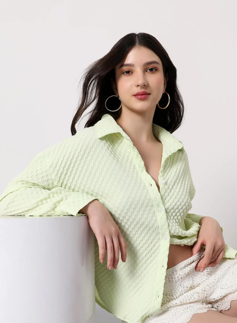 بينيا كولادا قميص نسائي واسع بنقشة مربعات بياقة ممتدة وأكمام طويلة بأزرار أحادية، إغلاق بأزرار، نسيج صلب، قميص منسوج للارتداء اليومي والكاجوال، أخضر ليموني