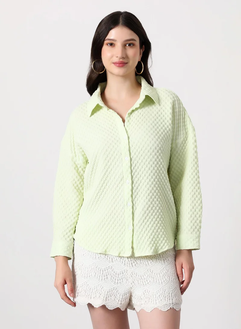 Women's Lime Green Check-Tactile Oversized Shirt