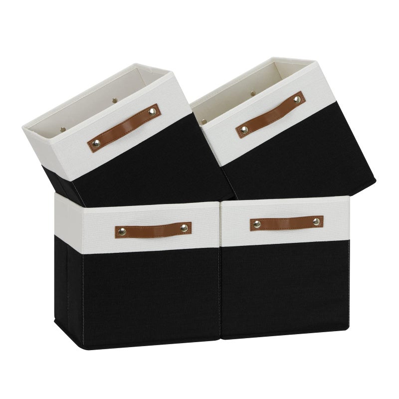 Temary 11 inch Cube Storage Bin 4 Pack Fabric Storage Cubes for Home Fabric Storage Bin Storage Cube Bins with Leather HandlesWhiteBlack