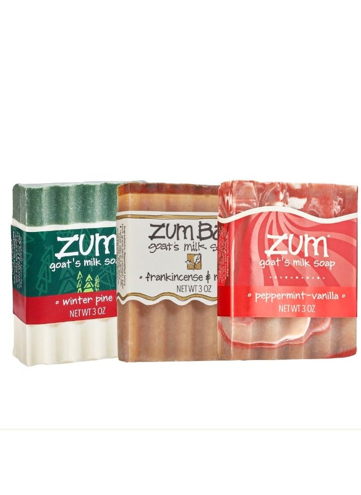 Indigo Wild Indigo Wild Zum Bar Goats Milk Soap  Holiday Assortment  Frankincense  Myrrh PeppermintVanilla  Winter Pine  3 oz 3 Pack 