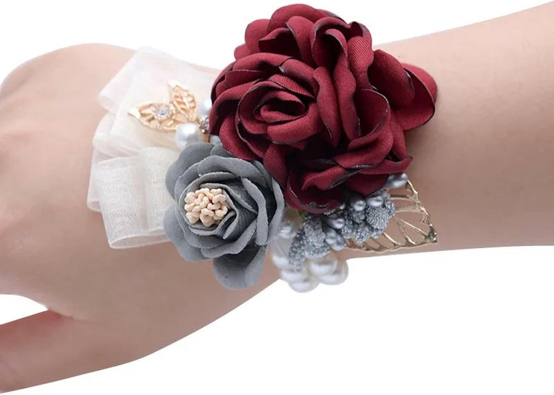 Wrist Flower,Boutonniere, Wrist Corsage 3Pcs Women Bridesmaid Wrist Corsage Silk Rose Wrist Flowers Groom Boutonniere Buttonhole Marriage Accessories - Image 3